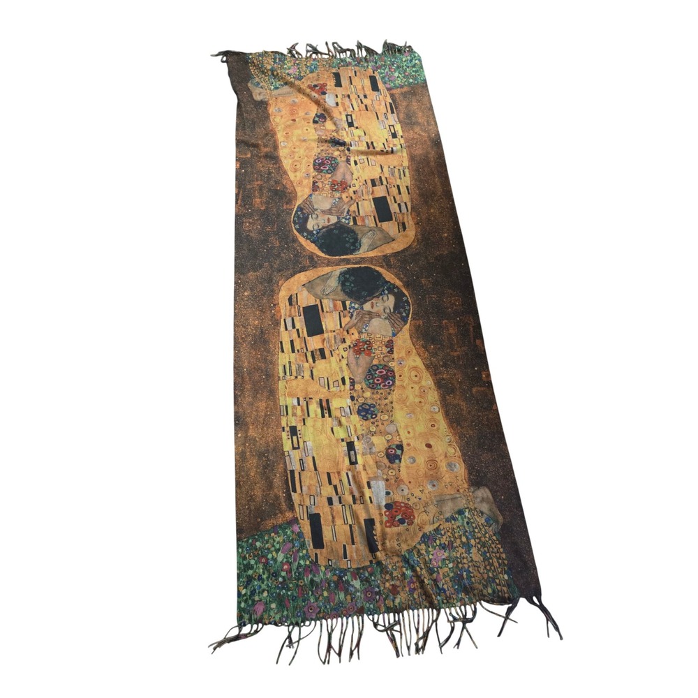 Gustav Klimt The Kiss Art Print Scarf Gold Brown Fringe Wrap Scarf